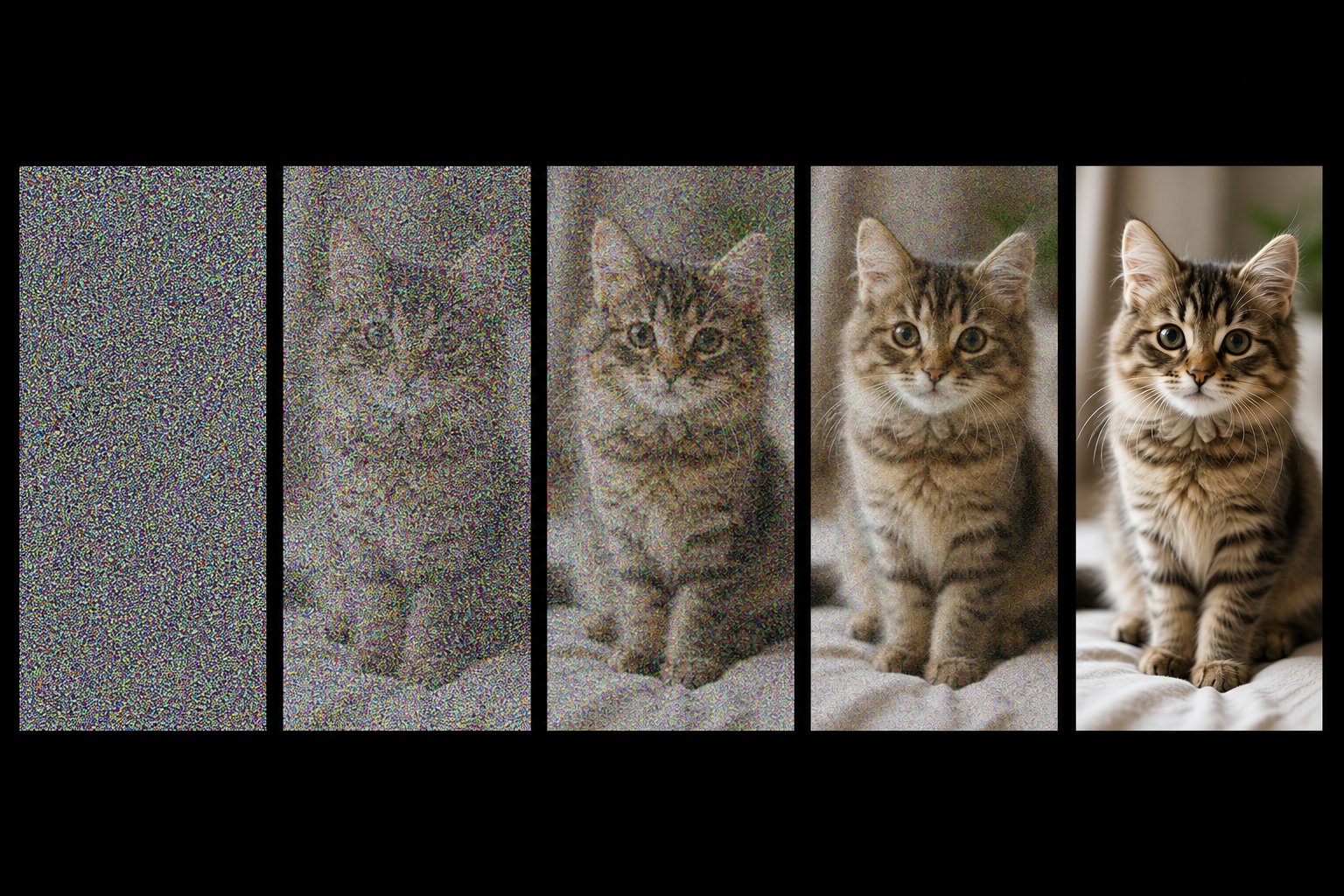 Этапы диффузии: от случайного шума до чёткой фотографии кота